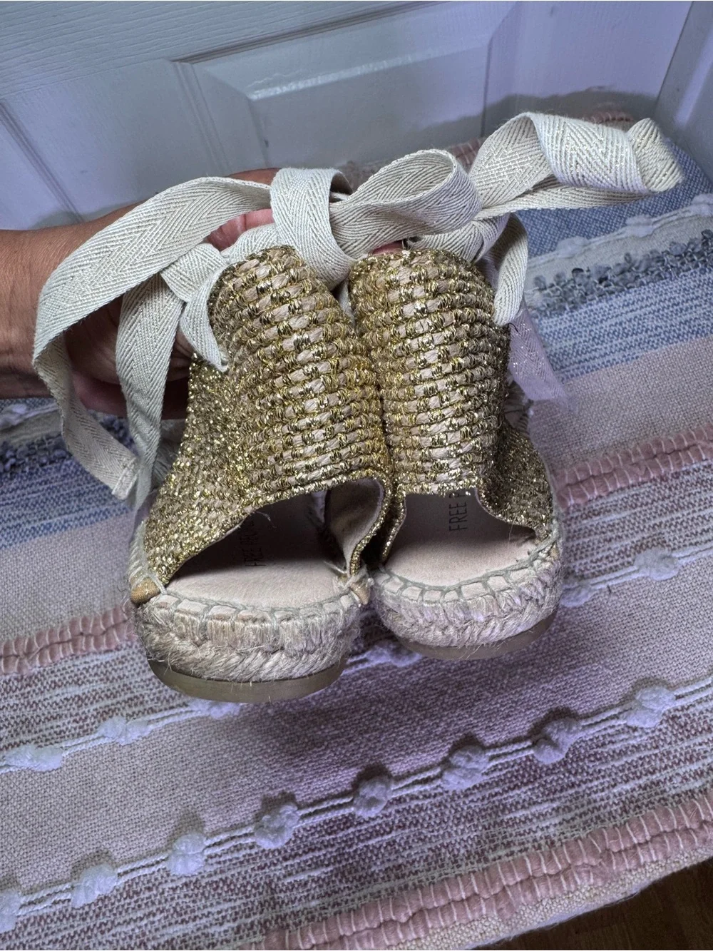 Free People Vida Ivory Woven Lurex Lace-Up Flatform Espadrilles